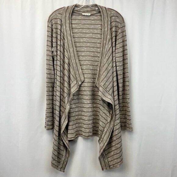 Sweet Pea Womens Cardigan Sweater Brown/White Striped Long Sleeve Waffle Knit L - Picture 1 of 10